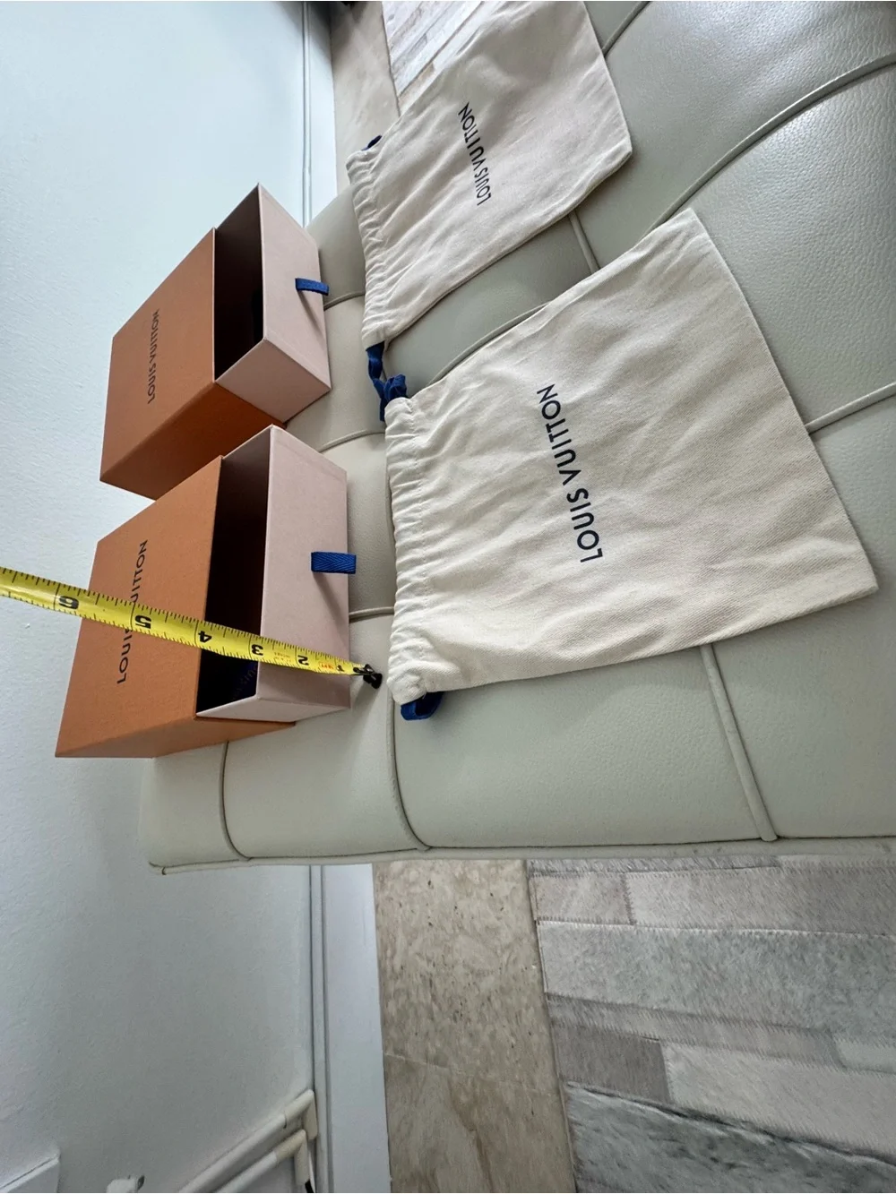 Louis Vuitton Orange Boxes with Cream Dust Bags and Blue Ribbons